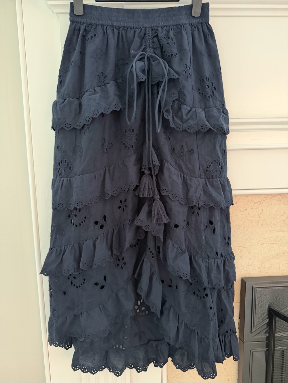 Misa Tiered Floral Eyelet High Low Cotton Bohemian Cottagecore Midi Skirt